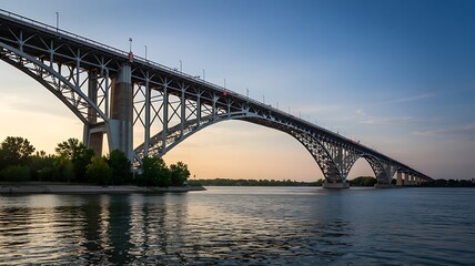 Obraz premium Steel Arched Blue Water Bridge at Sunset Horizon Photo