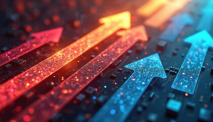 Red and blue arrows move forward on circuit board. Digital data flows. Abstract concept of progress, growth, tech advancement. Bright lights shine. Motion graphics.