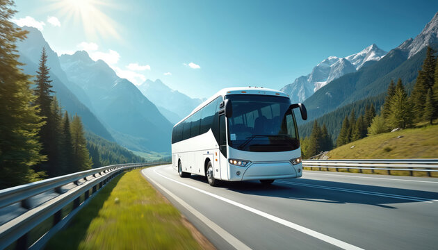 White modern comfortable tourist bus drives on winding mountain highway. Bright sun shines on scenic road. Green pine trees, rocky peaks frame long asphalt path. Travel, journey, holiday, vacation,