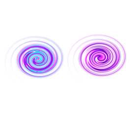 Two vibrant digital spirals in blue cyan and pink purple tones with soft glowing edges, isolated on a transparent background for modern abstract design and graphic elements.

