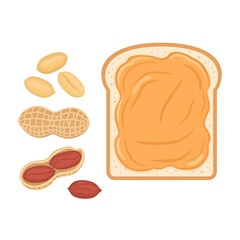An appetizing vector design displaying a slice of toast slathered in creamy peanut butter, paired with a cluster of peanuts in various stages of shelling, from whole pods to exposed red kernels