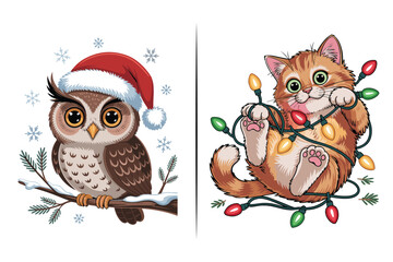 Cat & Owl Christmas Animals Illustration, Modern Christmas Clipart | Minimalist Holiday Icons, Snowflakes, Trees, Stars, Winter Illustrations | Aesthetic PNG Bundle for DIY Projects