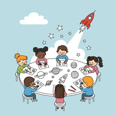 Diverse Kids Drawing Space Art: Children Learning & Creating Planets, Rockets at a Table. Childhood Education Illustration