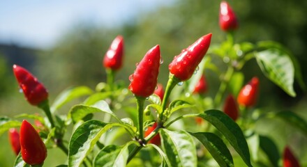 Close-up of vibrant red chili peppers growing on a plant, with water droplets