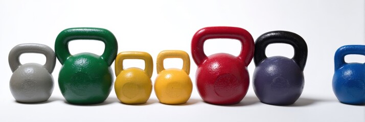 Colorful kettlebells in a row for fitness and strength training