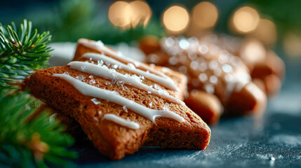 Freshly baked gingerbread cookies shaped like stars and trees, decorated with white icing and sprinkled sugar for a festive Christmas look