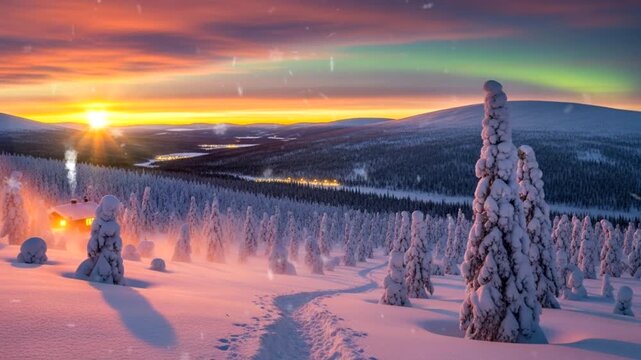 Winter snowy forest with sunset aurora glow and frosted trees seamless looping 4k time-lapse video background