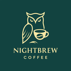 Elegant Minimalist Owl Holding Coffee Cup Logo In Gold On Green Background, Luxury Line Art Design For Cafe Or Coffee Brand Identity