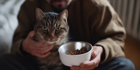 Man feeding tabby cat dry food with white bowl