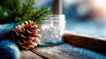Frosted pinecone with evergreen branch and glass jar on a snowy wooden windowsill in warm winter light