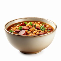 Hearty bowl of baked beans with sliced sausage and fresh parsley garnish isolated on white background