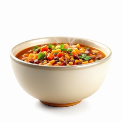 A hearty bowl of black bean and vegetable soup garnished with fresh parsley, isolated on white background