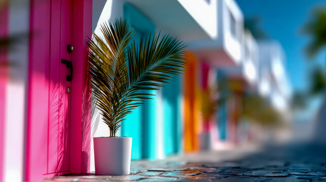 Colorful Caribbean-style houses with bright turquoise and pink doors surrounded by tropical plants and sunlight - Powered by Adobe
