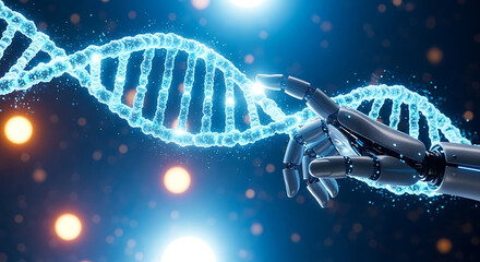 Robot hand touching glowing DNA strand futuristic technology concept