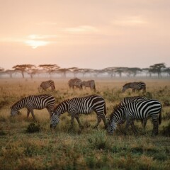 Obraz premium Zebras grazing at sunset on the serengeti plains