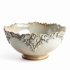 Elegant antique style ceramic bowl with ornate baroque relief decoration isolated on white background