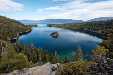 Tranquil scenic view of lake tahoe surrounded by pine forests and mountains
