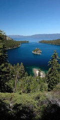 Scenic view of emerald bay with blue lake and forested hills in california