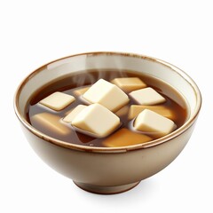 Steaming hot bowl of miso soup with soft white tofu cubes served against a clean white background