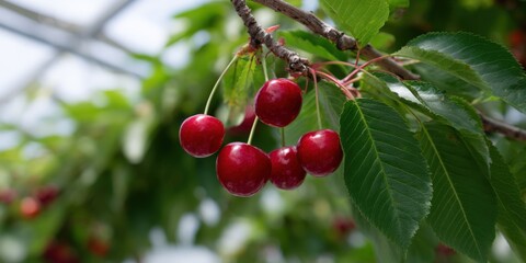 Obraz premium Ripe red cherries on tree branch in lush greenery