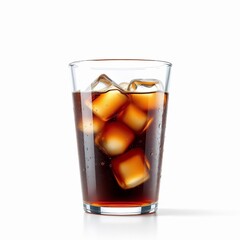 A refreshing glass of dark soda with ice cubes isolated on white background