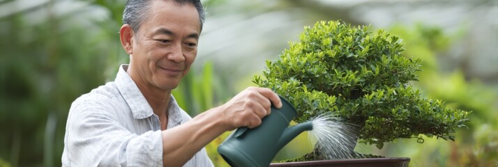 Elderly asian male caring for bonsai tree in garden greenhouse