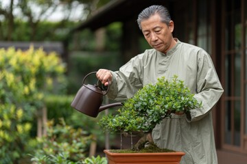 Asian mature male cultivating bonsai plant outdoors