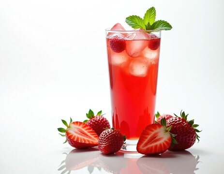Red strawberry drink with ice and mint garnish. Fresh strawberries surround tall glass of cold berry beverage. Refreshing summer refreshment on white.