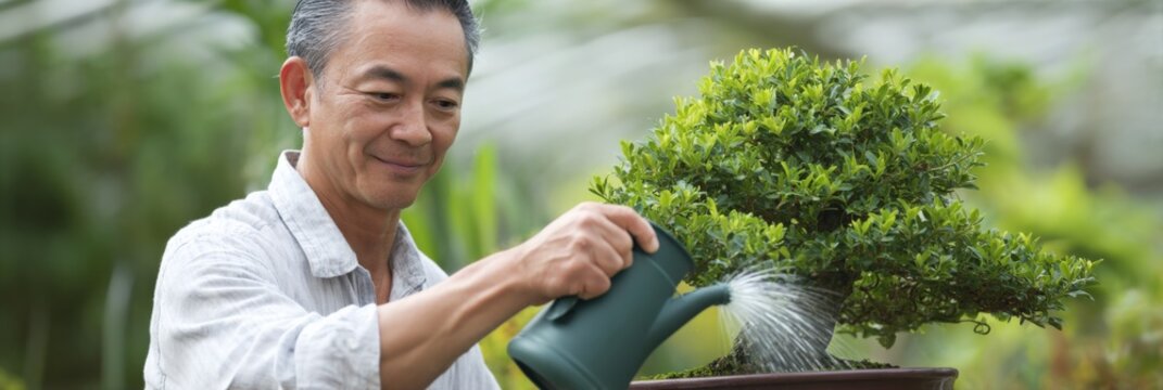 Elderly asian male caring for bonsai tree in garden greenhouse - Powered by Adobe