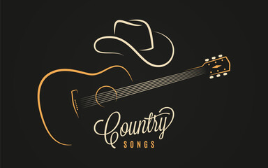 Country Music Poster With Cowboy Hat And Acoustic Guitar Outline On Black Background, Elegant Minimal Line Art Design For Music Festival Or Logo