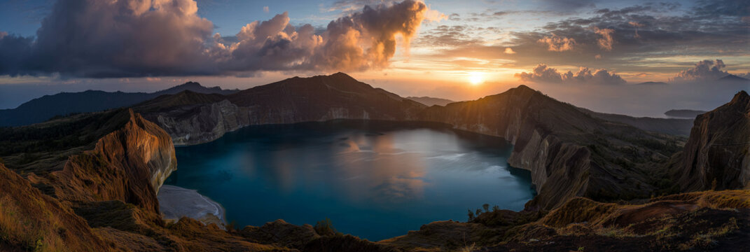Breathtaking sunset illuminates the crater lake of Kelimutu in Indonesia. The sky shifts through warm tones while mountains frame the tranquil water, creating a serene atmosphere