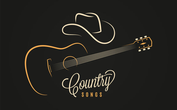Country Music Poster With Cowboy Hat And Acoustic Guitar Outline On Black Background, Elegant Minimal Line Art Design For Music Festival Or Logo