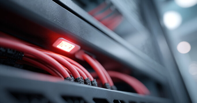 Close-up view of red network cables connected to a server rack with illuminated indicator light in a data center environment