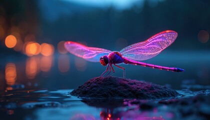 Magical dragonfly with glowing neon wings rests on a rock in a pond at night. The futuristic insect has pink and purple colors. Its reflection is visible in the dark water with beautiful bokeh lights.