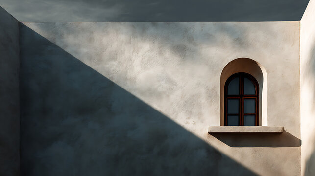 Minimalist architectural detail featuring an arched window with shadows cast on a textured beige concrete wall, abstract exterior design background concept