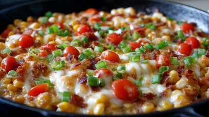 Delicious Cheesy Corn Casserole with Cherry Tomatoes, Bacon, and Green Onions Baked to Perfection in a Cast Iron Skillet