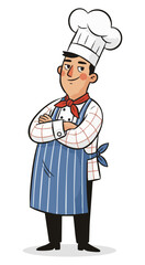 Confident chef with arms crossed vector illustration. Professional cook standing proudly in uniform. Smiling chef mascot conveying expertise and authority. Male cook character in blue striped apron