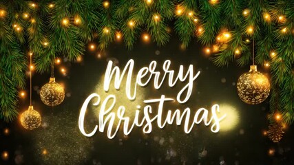 Merry Christmas text surrounded by festive twinkling lights and hanging decoration animation - Powered by Adobe