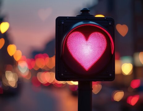 Heart shaped traffic signal glows at dusk in urban environment. Bokeh lights create romantic ambience during evening. City lights add to atmosphere of love and attraction