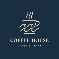 Minimalist Coffee Cup With Waves Logo Design On Blue Background, Elegant Line Art Concept For Cafe, Coffee Shop, Branding, Drink And Think Idea