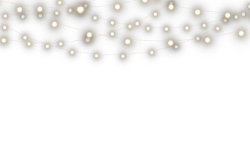 Christmas decorations with lights, garlands, and 3D objects on a transparent background. Festive design. Christmas LED White Garland PNG. Christmas Lights PNG. Web banners and greeting cards.