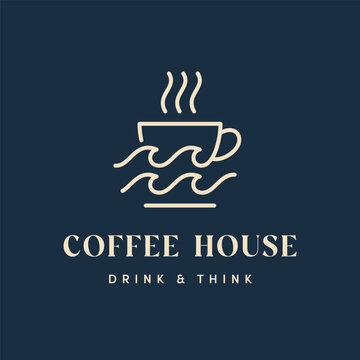 Minimalist Coffee Cup With Waves Logo Design On Blue Background, Elegant Line Art Concept For Cafe, Coffee Shop, Branding, Drink And Think Idea