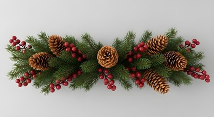 Christmas Holiday Garland Arrangement with Pine Cones and Red Berries on White Background