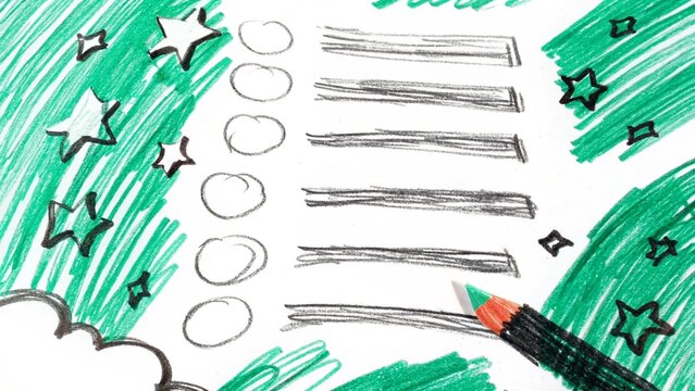 Handdrawn checklist with green scribbles, stars, and a pencil