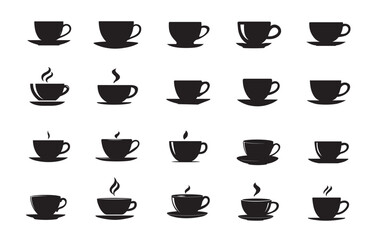 Collection of coffee and tea cup silhouettes with steam or without steam