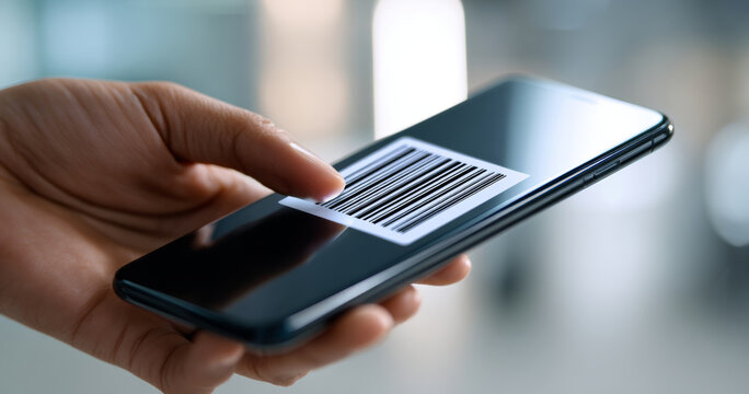 Close-up of hand holding smartphone displaying barcode on screen with blurred background in modern setting