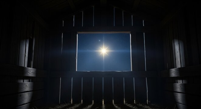 view from dark stable of shining star of bethlehem in night sky. christian christmas holiday. nativity concept. banner, website header, greeting card with copy space.
