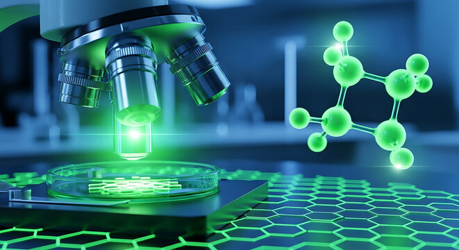 Microscope and molecular structure in the scientific laboratory - Powered by Adobe
