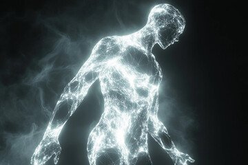 Dreamy ethereal human figure emerging from swirling colorful light smoke mystical atmosphere, created generative ai technology