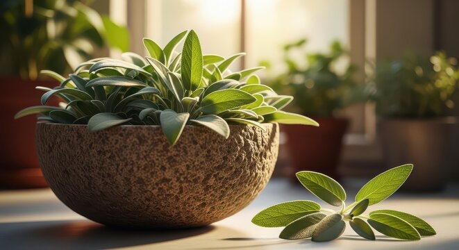 Fresh green sage plant in a rustic pot, bathed in warm sunlight on a windowsill, with other blurred herbs in the background - Powered by Adobe